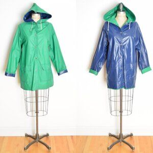 vintage 80s raincoat slicker jacket navy blue green vinyl reversible coat L